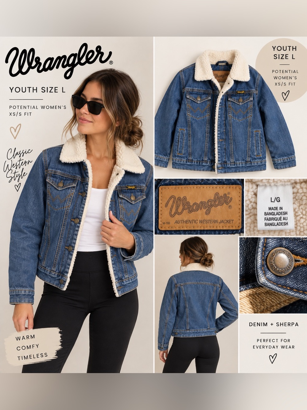 Wrangler Blue Denim Sherpa Trucker Jacket with Cream Lining